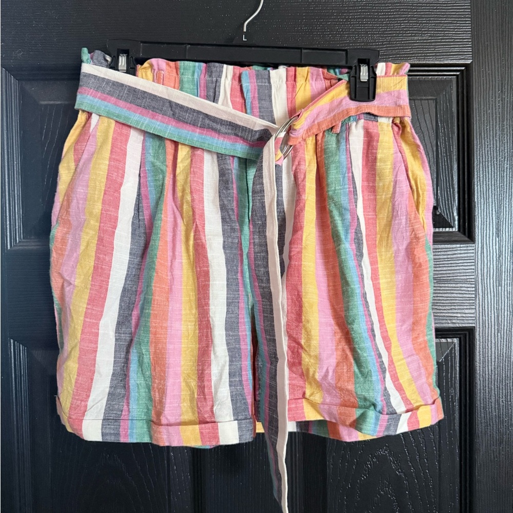 THML Multicolor Striped Paperbag Waist Shorts - Pink, Yellow, Green, Blue, Cream
